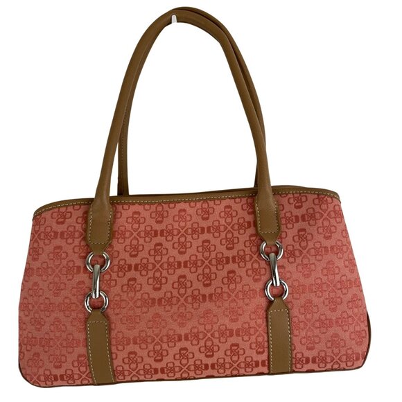 Croft & Barrow Pink Print Canvas Shoulder Bag Tan Faux Leather Handles - Picture 1 of 16